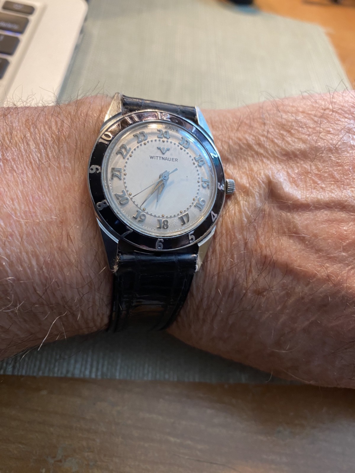 RARE ALL S. S. Wittnauer w/Enamel Bezel, 24Hr Guilloche Dial Watch; Runs well!