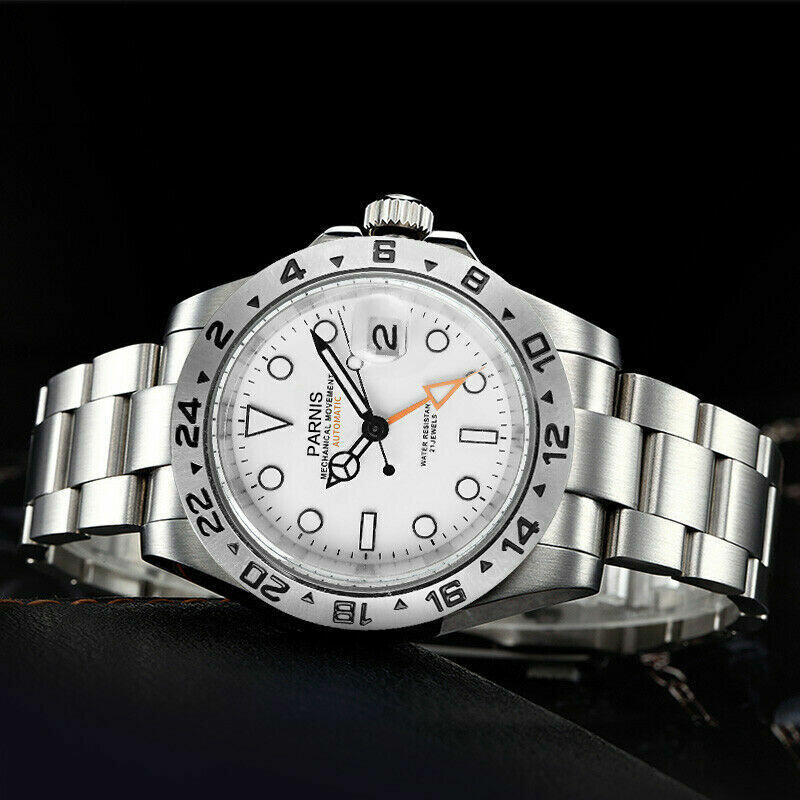 Sapphire Glass 40mm PARNIS White Dial Men’s GMT Automatic Luminous Watches