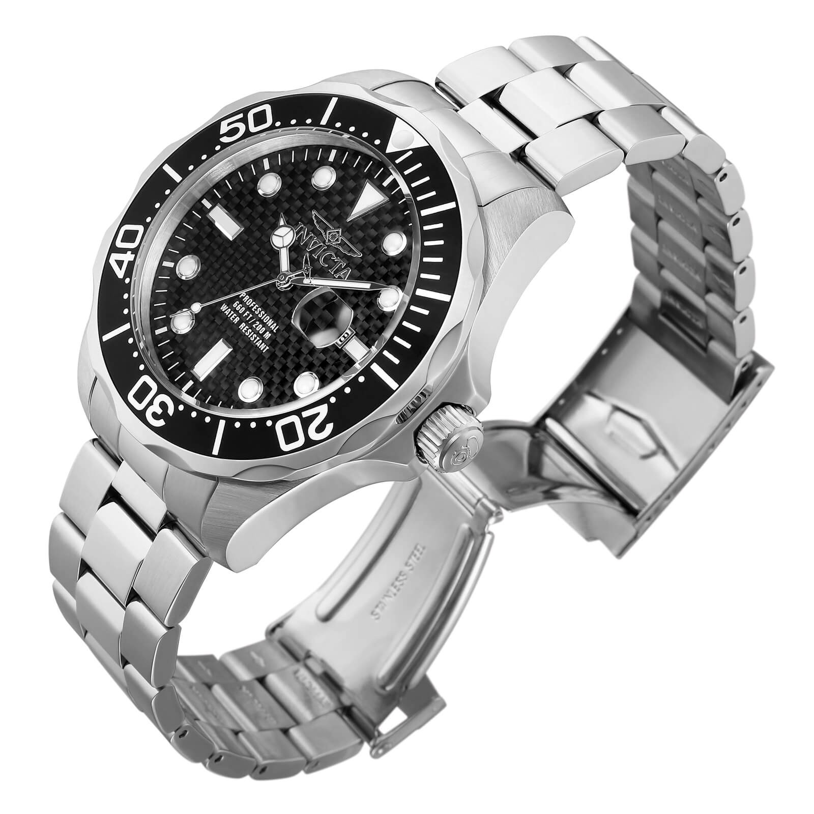 Invicta Men’s Watch Pro Diver Silver SS Bracelet Black Carbon Fiber Dial 12562