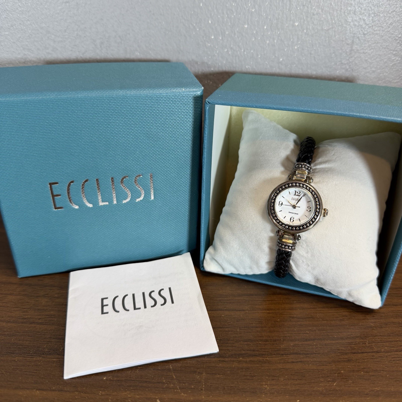 Ecclissi Ladies Watch Sterling Silver Watch Black Braid Bracelet White Dial New