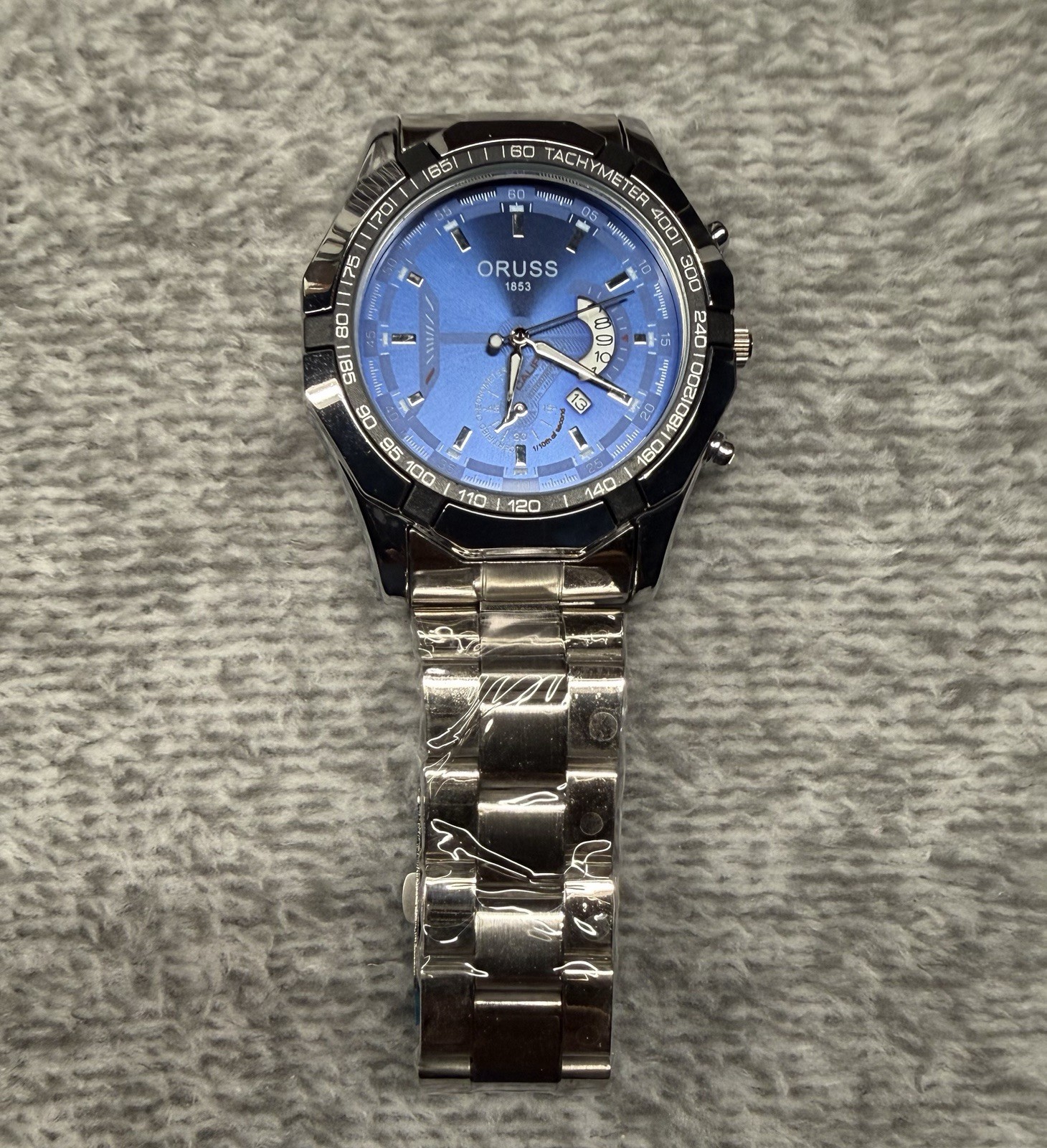 ORUSS 1853 Quartz Chronograph Wristwatch Blue Dial Date Tachymeter SS Bracelet