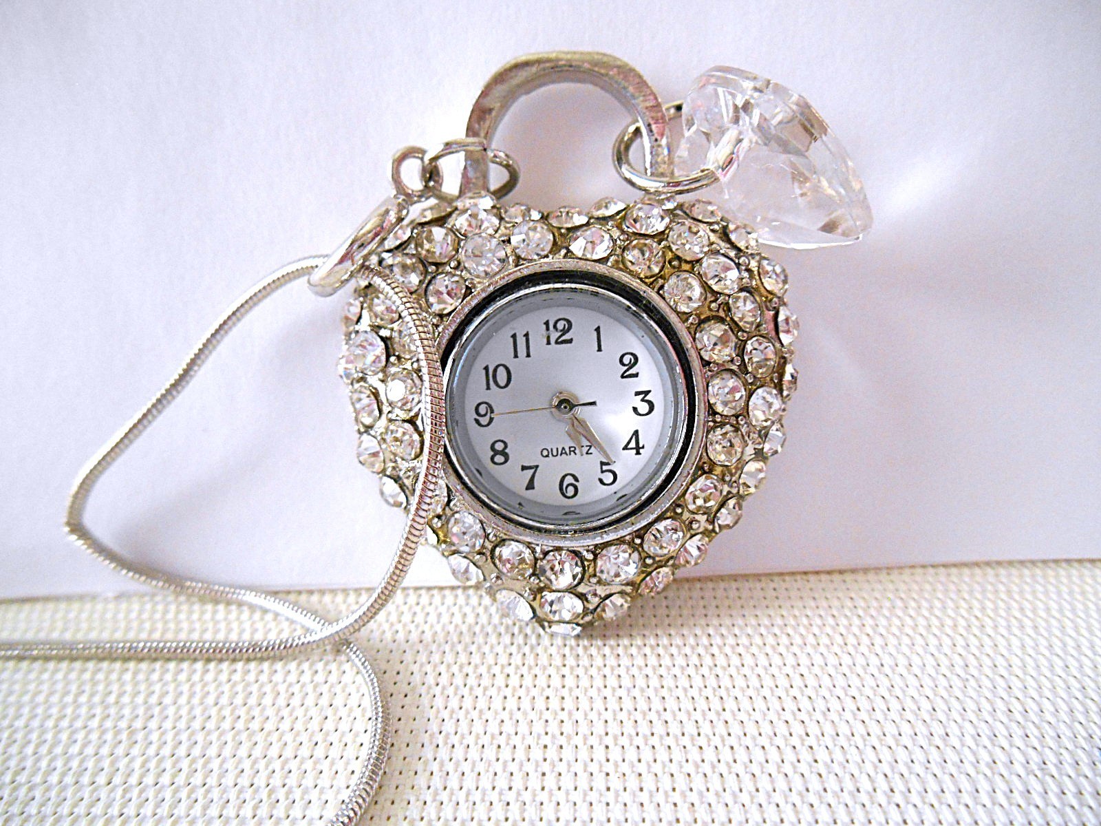 Silvertone & Clear Rhinestone Heart Necklace Watch – New Battery
