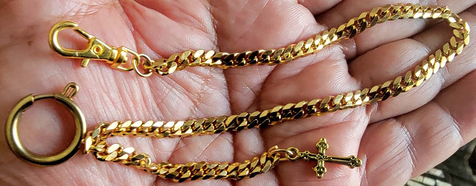 Gold Plated Custom Made Pocket Watch Chain with Ornate Cross Fob