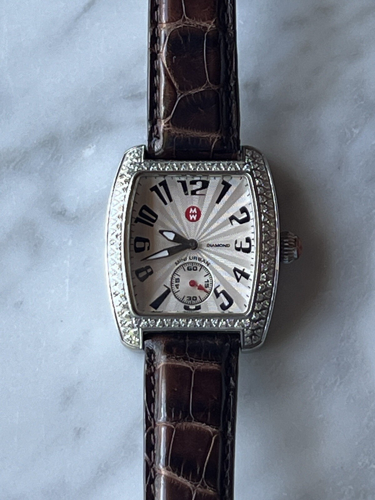 Michele Authentic Mini Urban Diamond Watch w/Brown Alligator Leather Strap