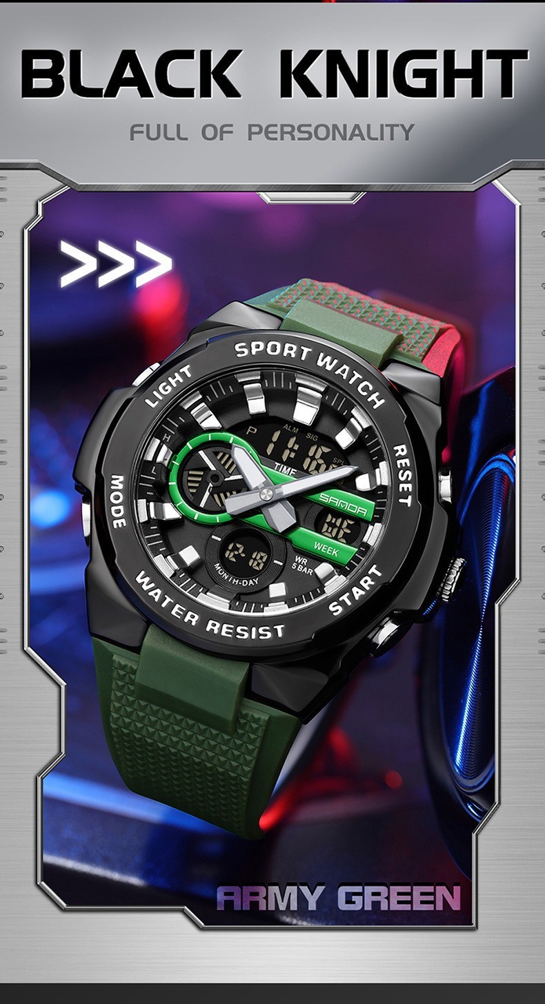Dual display dial multifunctional sports style luminous quartz waterproof watch