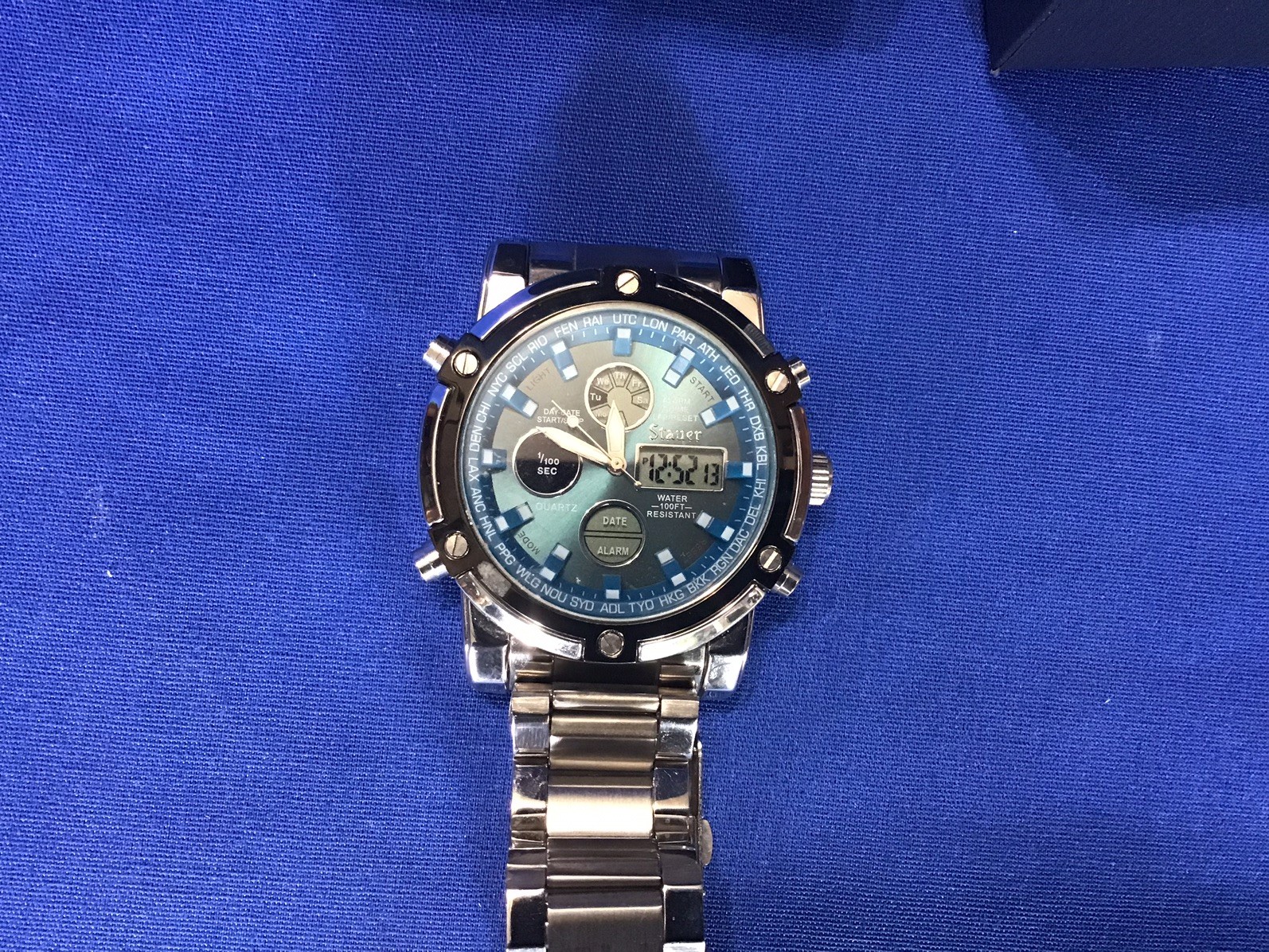 Stauer Blue Stone Chronograph Wristwatch Model 33207 w/BOX, 30m bz 18z
