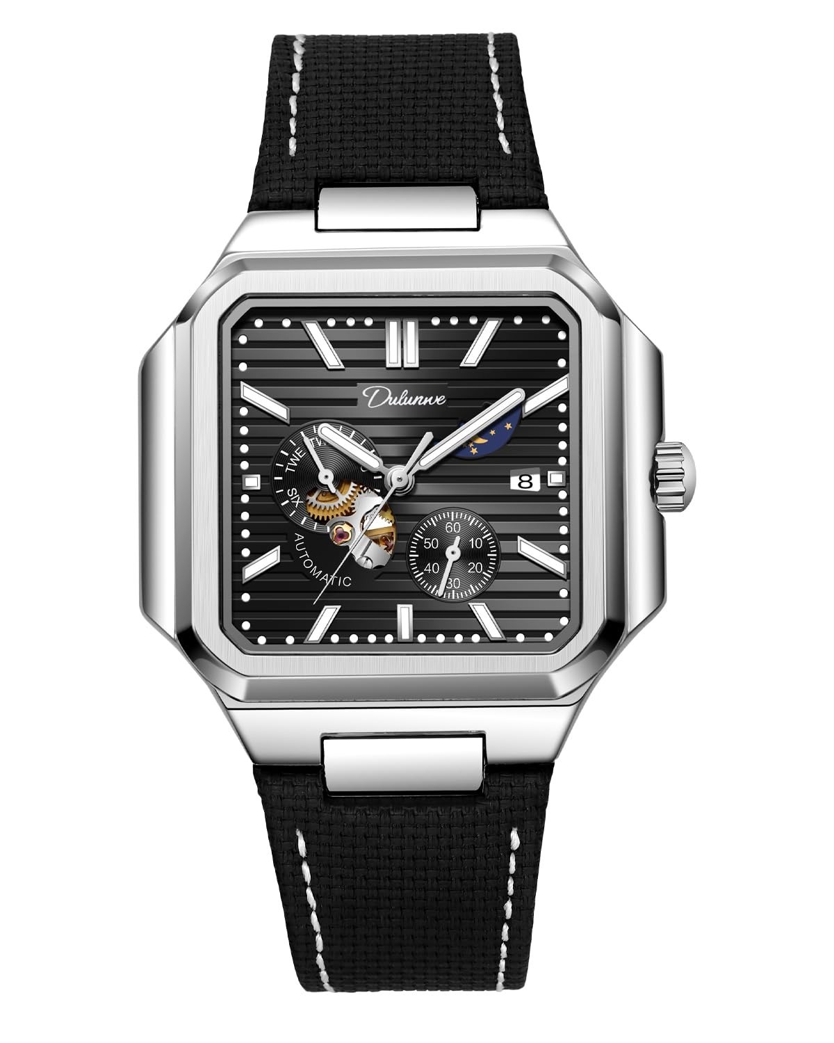 Day/Night Running Seconds Watch – Men’s Square Automatic 3ATM Luminous