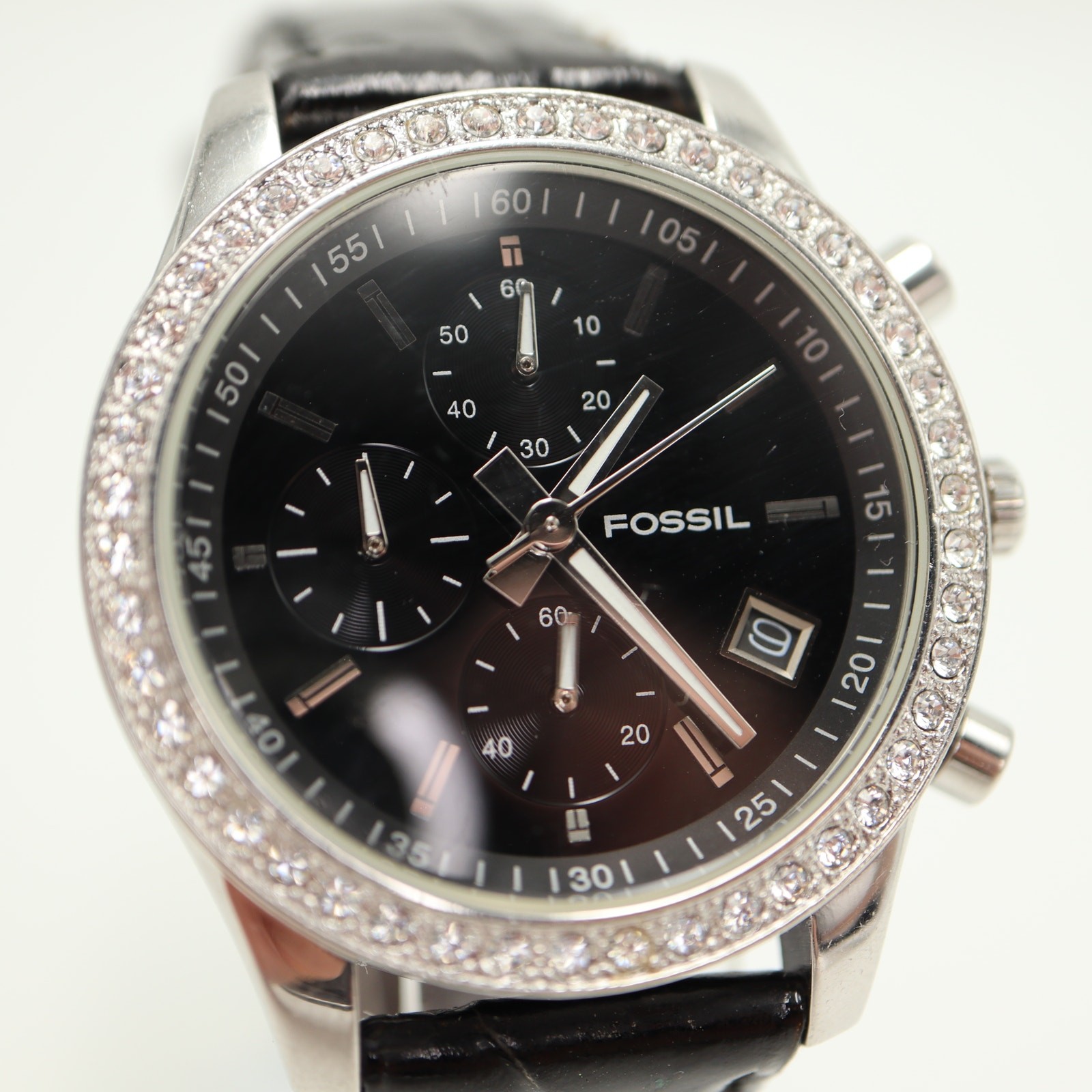 Fossil Arkitekt Chronograph 37mm Watch Black Leather Gem Set ES1648 New Battery