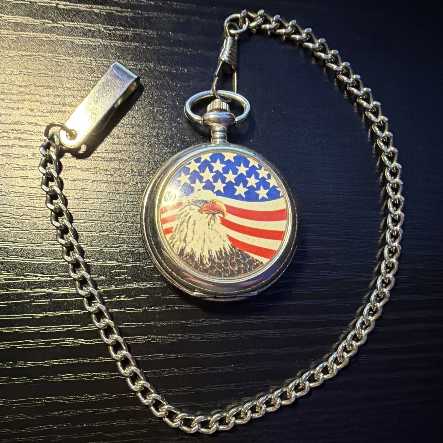Silver Full Hunter Quartz Pocket Watch w Chain American Flag Eagle Dial