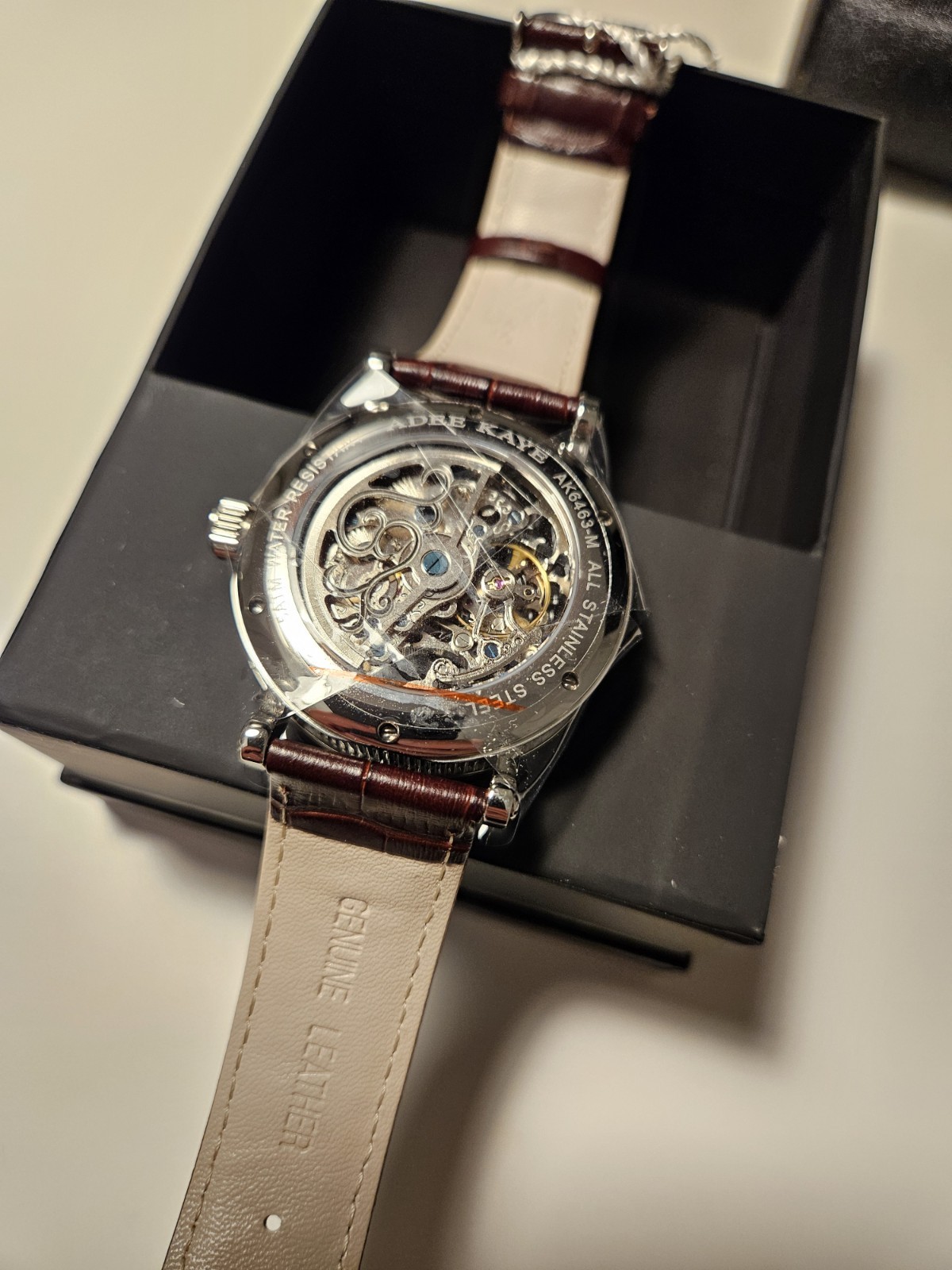 Adee Kaye Skeleton Automatic Silver Case Brown Leather Strap Box