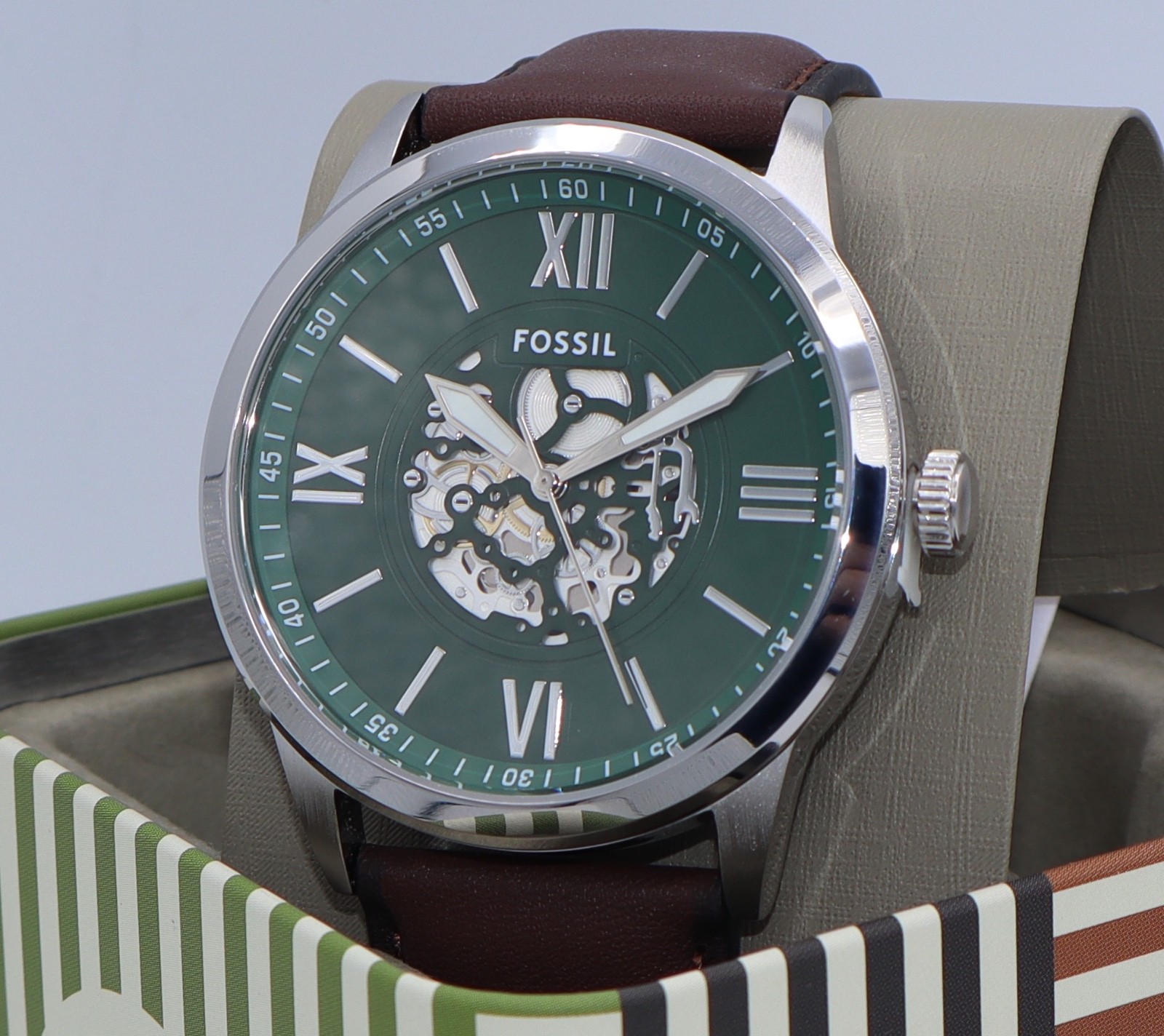 Fossil Flynn Silver Green Brown Leather Skeleton BQM7129 Men Watch