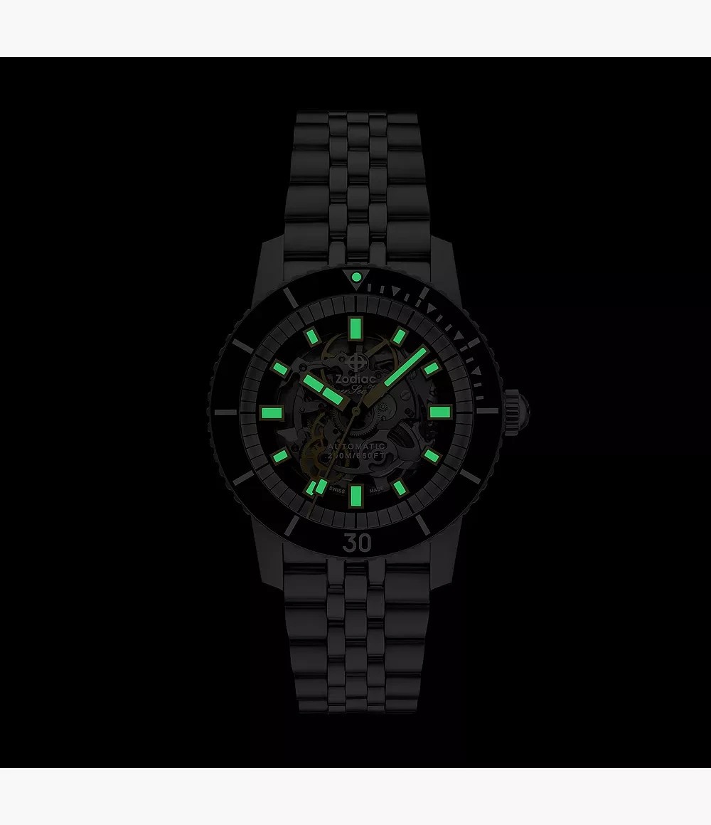 Zodiac Super Sea Wolf Auto Skeleton Dial Black Bezel Steel Watch ZO9319