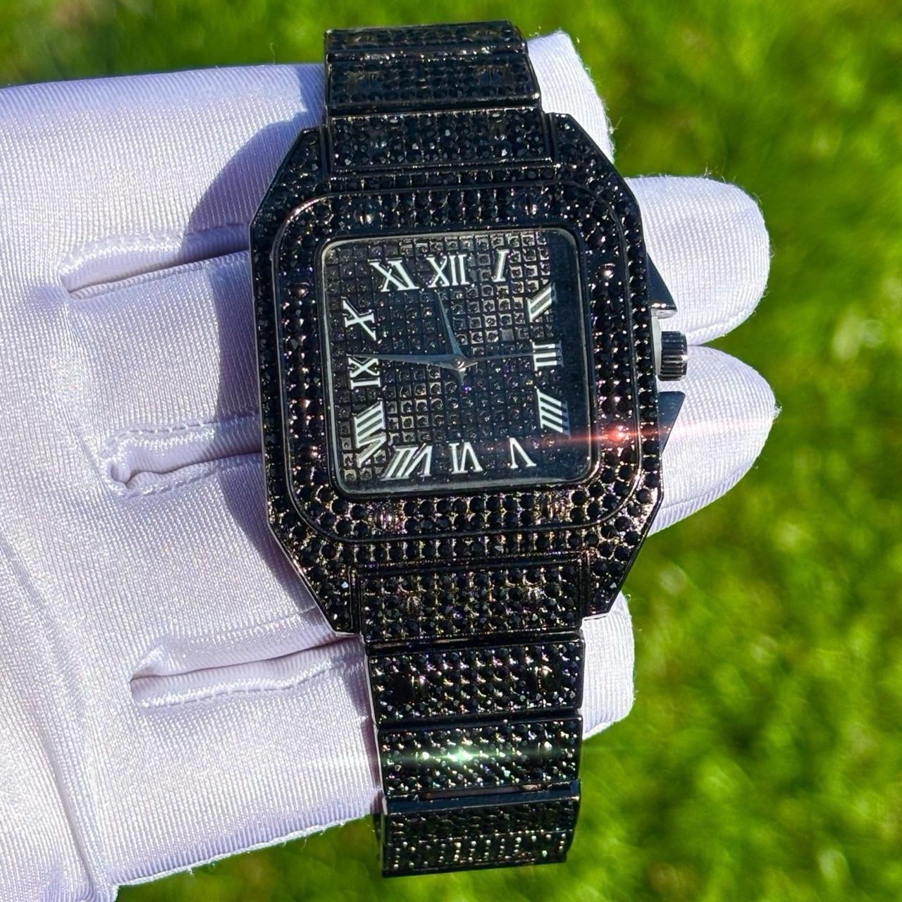VVS Roman Numerals Square Dial Iced Out Diamond Watch Hip Hop Watch Black