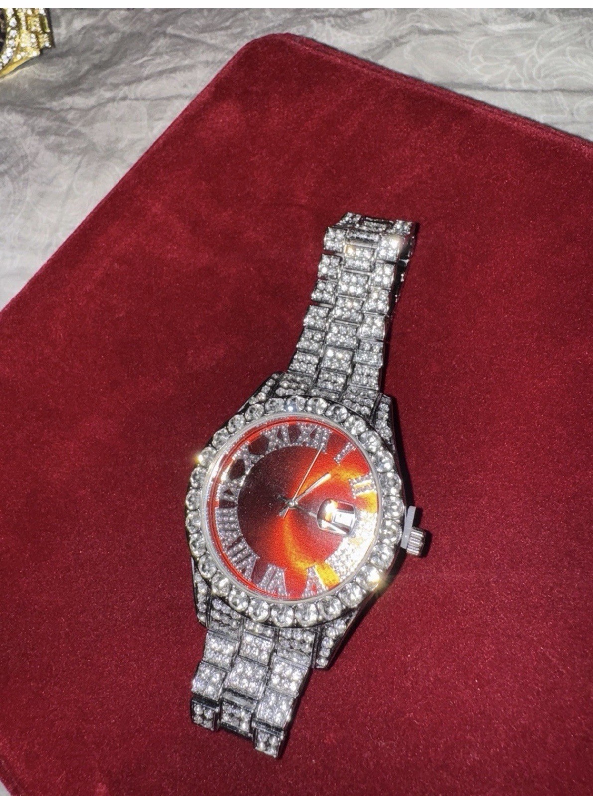 Iced Out 2 Tone Steel Red Dial Diamond Presidential Watch