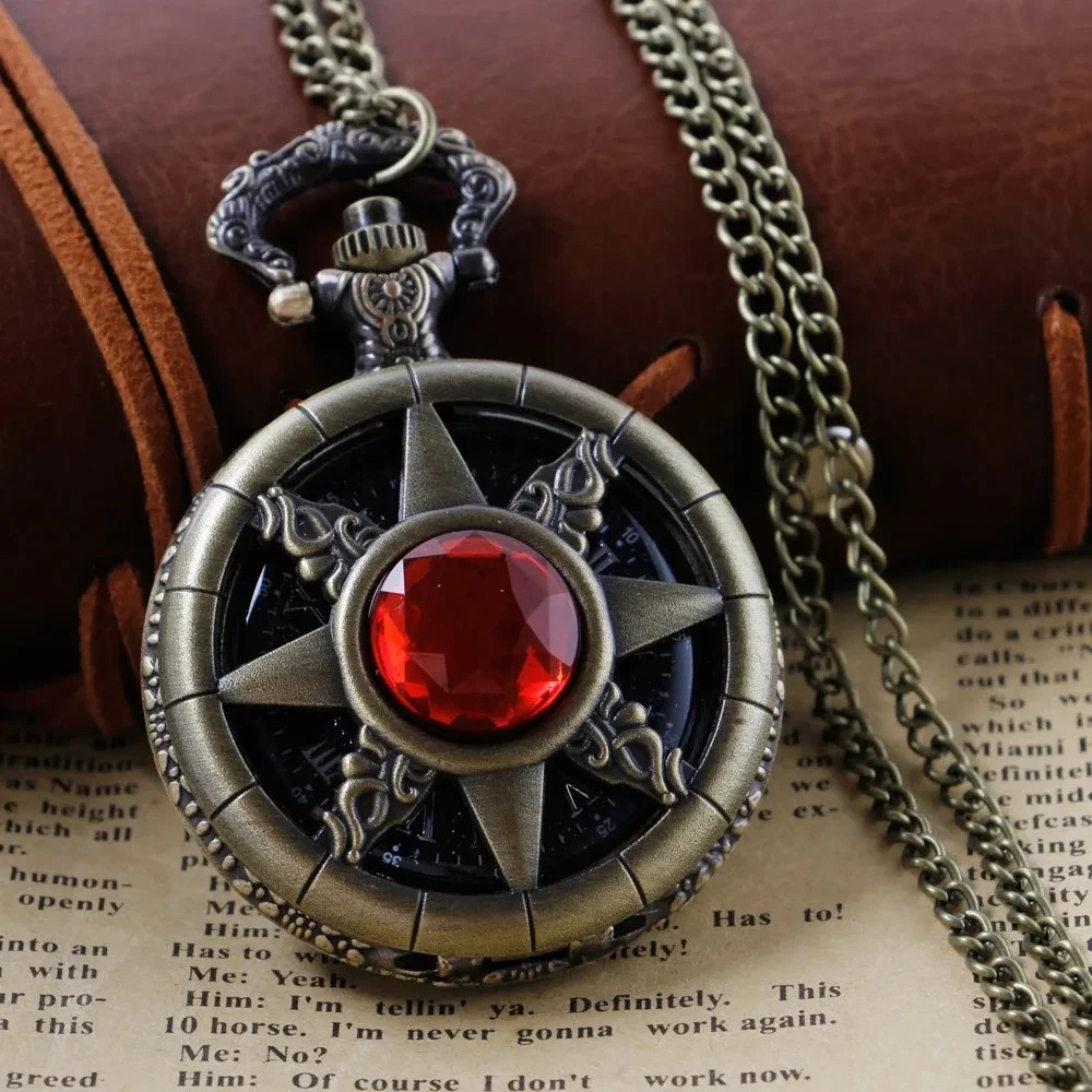 Steampunk Red Gem Compass Pocket Watch Necklace – Antique Bronze Pendant