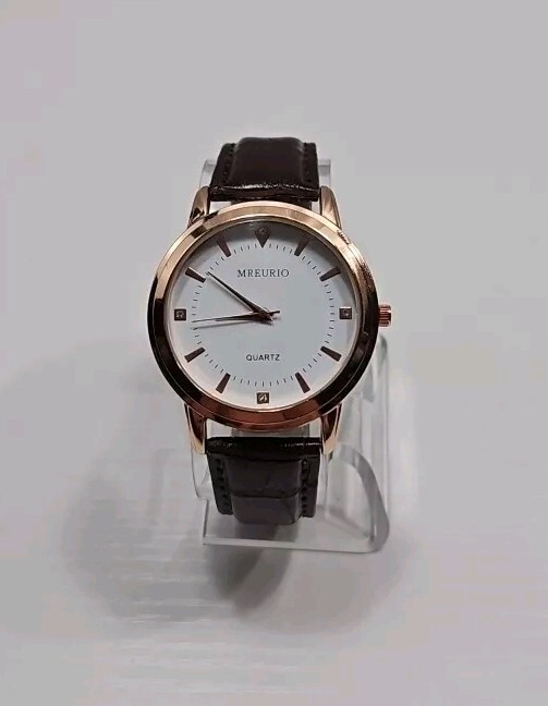Mreurio White Dial Rose Gold Tone Case Brown Leather Band MensWatch New Battery