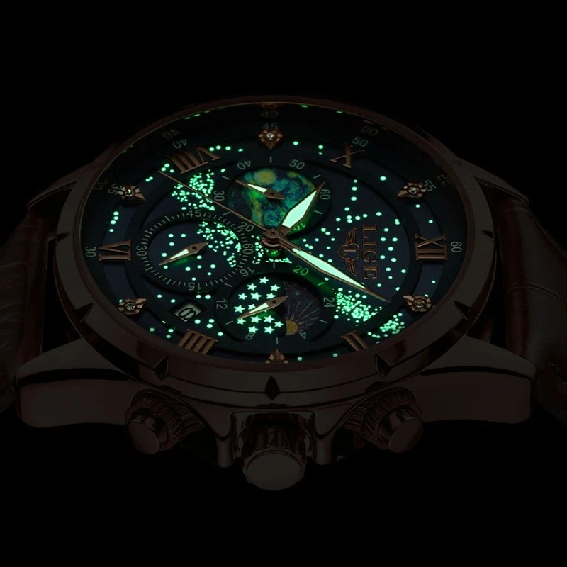 LIGE Luxury Quartz Men’s Watch Leather Strap Date Waterproof Luminous Wristwatch