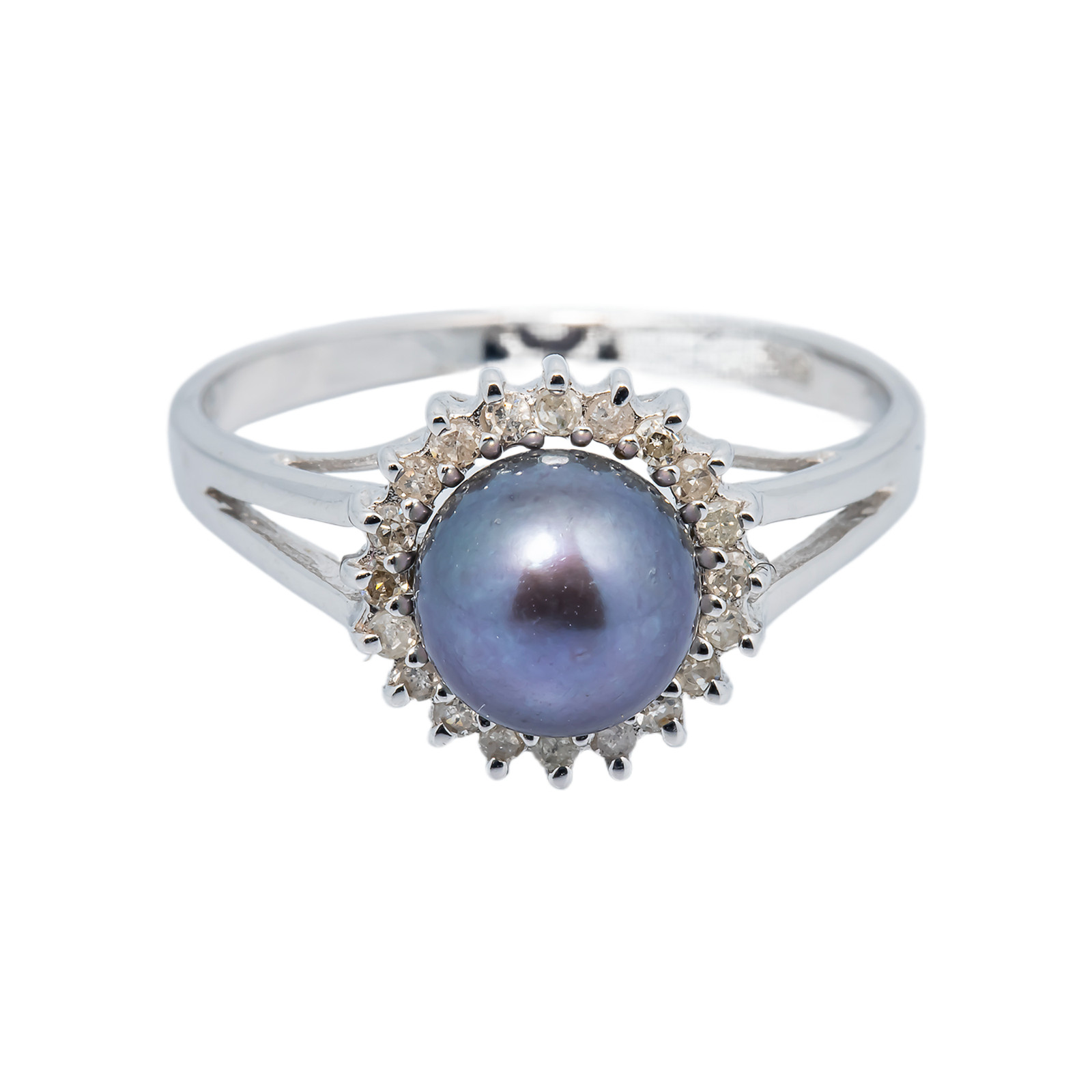 18k White Gold Black Pearl Diamond Ring ~0.25ct 2.2g 16.3mm