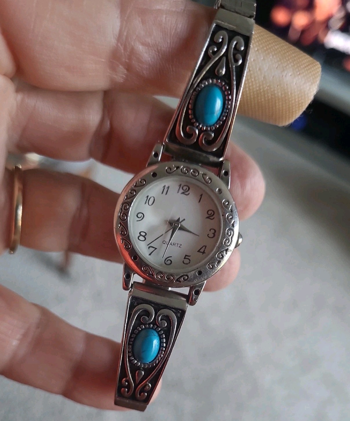 Vintage Silver-Tone Accutime, Faux Turquoise Ladies Watch, Size 6.5″