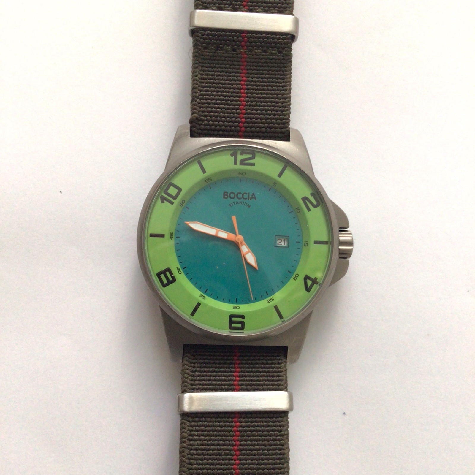 Boccia ID Titanium Men’s Two Tone Green Blue Watch Brown Stretch Canvas Band