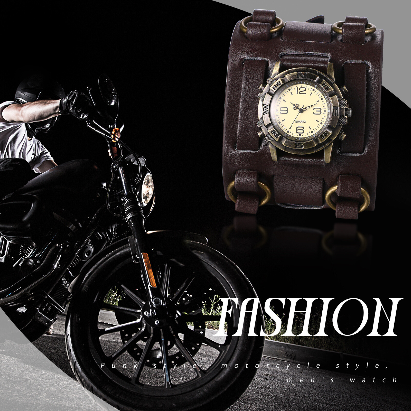 Mens Retro Punk Super Wide Genuine Leather Band Sport Wrist Watch Halloween Gift