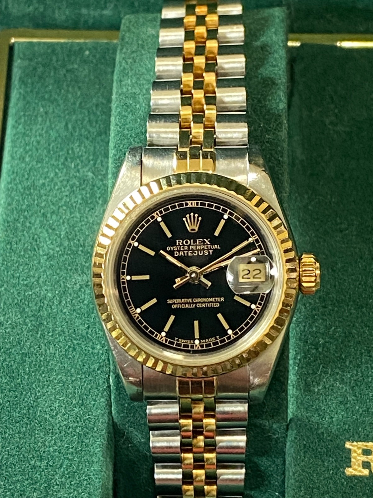 Rolex Ladies Datejust 69173 18K/SS Black Dial Full Set Box Papers ORIGINAL Owner