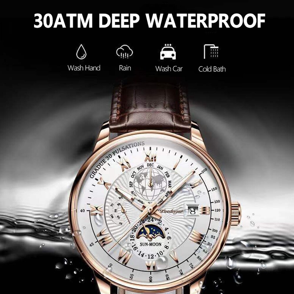Men Watch Leather Waterproof Luminous Watch Luxury Men Quartz Wristwatches + BOX