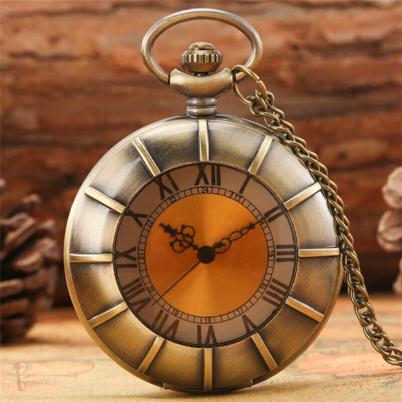 Bronze Half Hunter Unisex Quartz Pocket Watch Roman Number Dial Necklace Chain