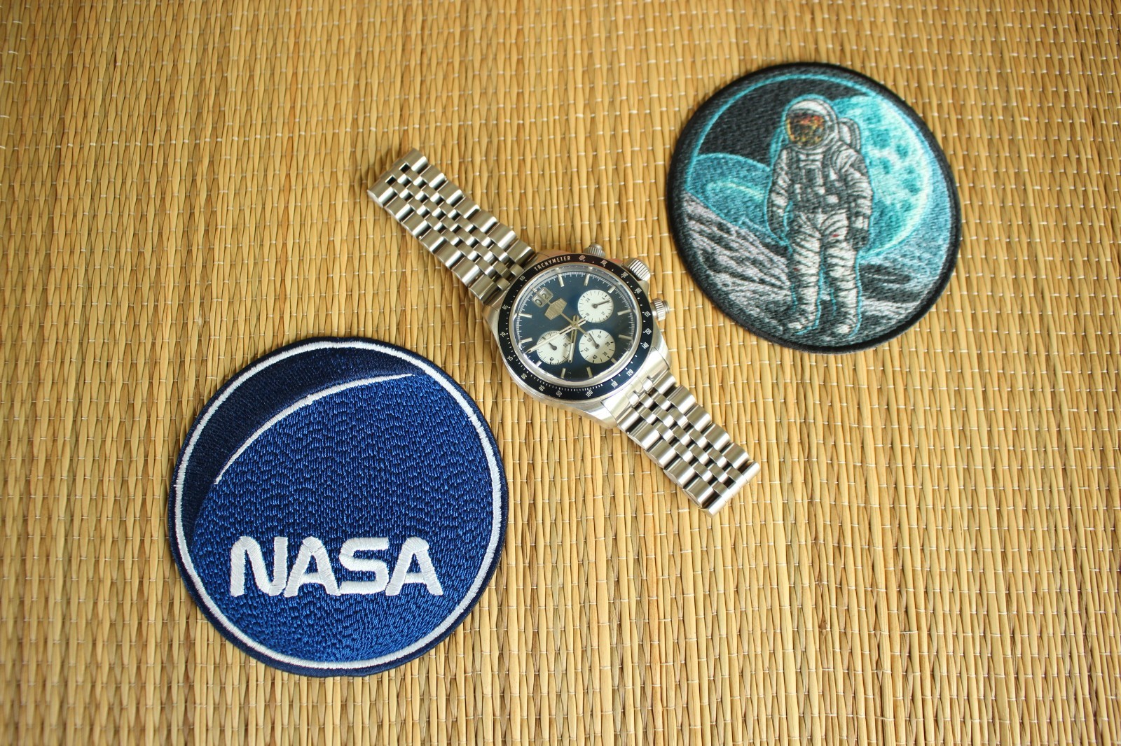 NASA SPACEMAN PATCHES STAINLESS BLUE DIAL CHRONOGRAPH QTZ WATCH BRACELET BOX SET