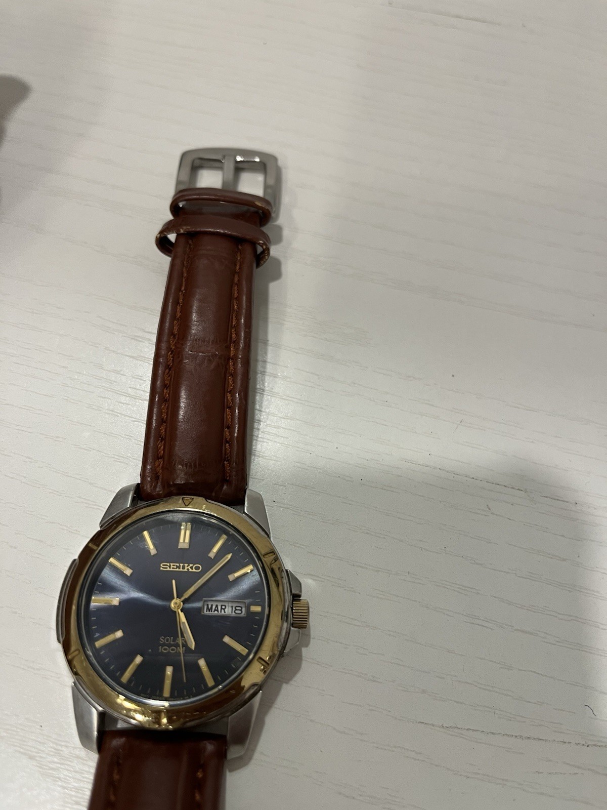 Seiko Solar Men’s Quartz Day/Date 100m Blue Dial Brown Leather Strap Watch