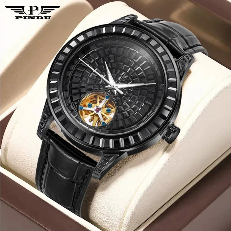 ?USA?PINDU Men’s Automatic Watch Mineral Glass Luminous Black Leather P5037