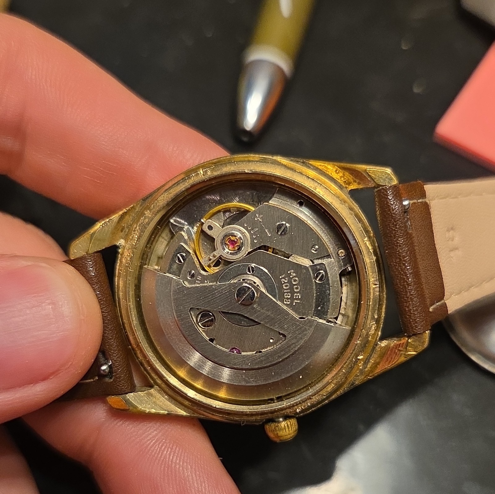 Buren Series 39945 Automatic 17J Day/Date 35mm Silver Dial Brown Leather