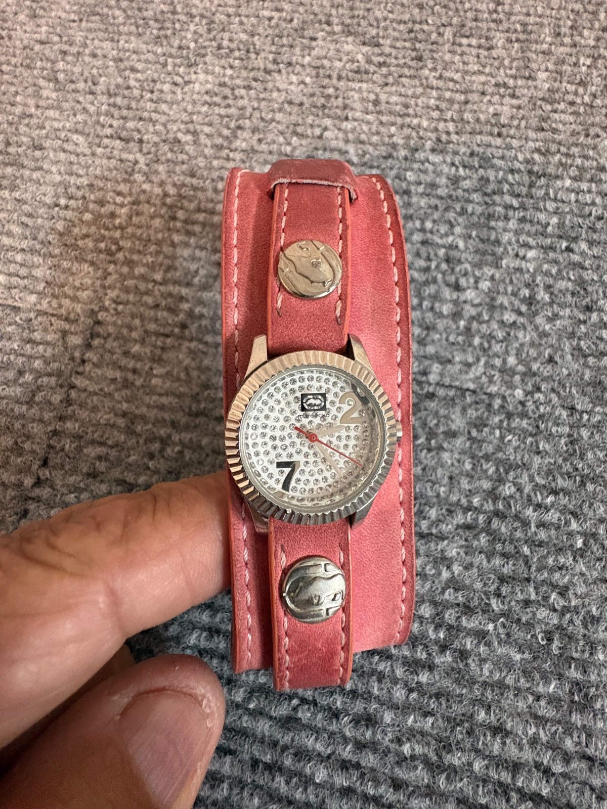 Ladies Marc Ecko Non Stop Silver Tone Gemmed Pink Leather Band Watch 00-829-1972