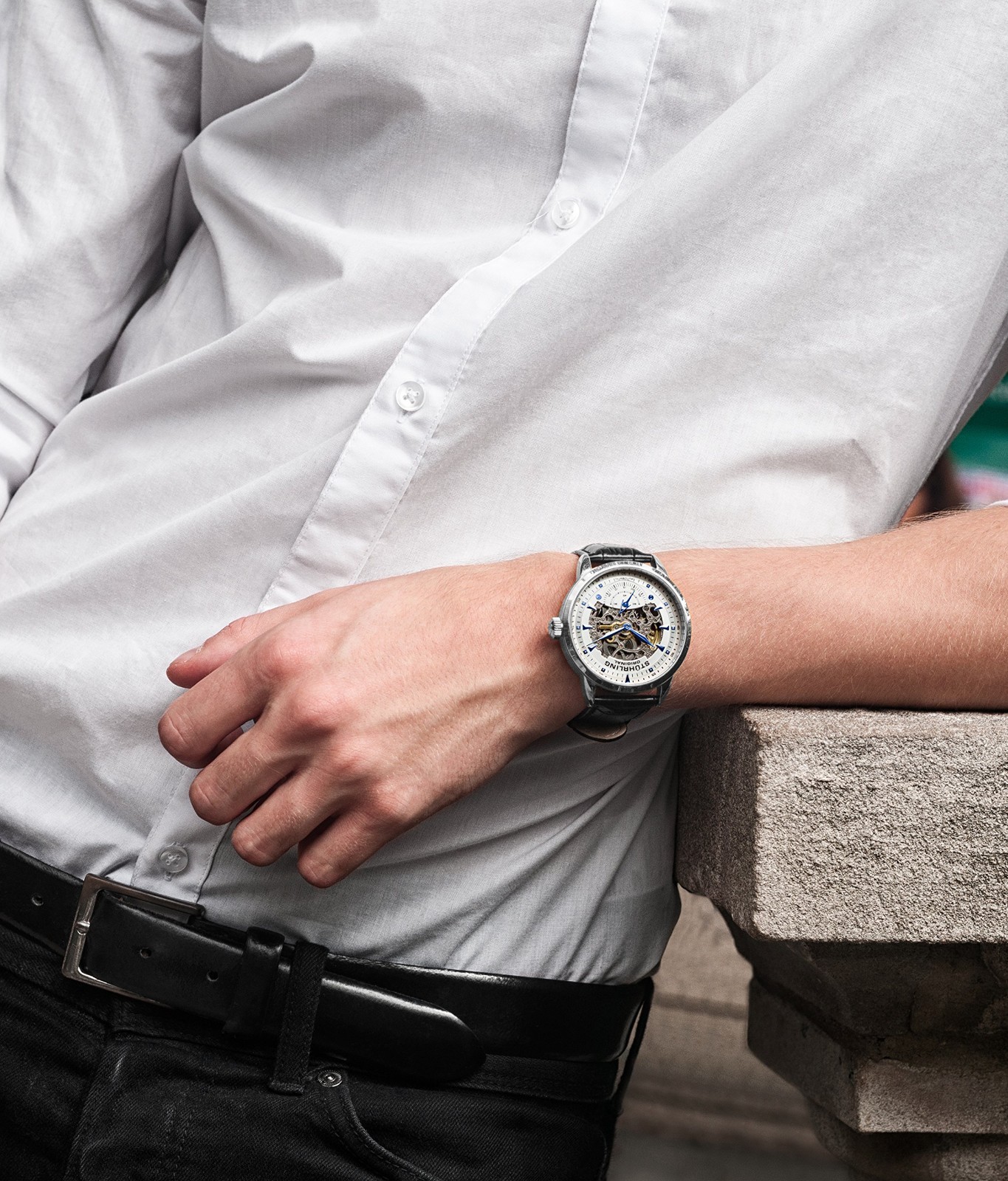 Men’s Skeleton Automatic Dress Watch, Alligator Embossed Leather Strap, Unique D