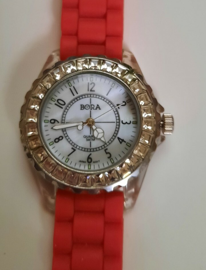 Bora Rhinestone Bling Fancy Watch Opalescent Face Red Silicone Band Pre-Owned