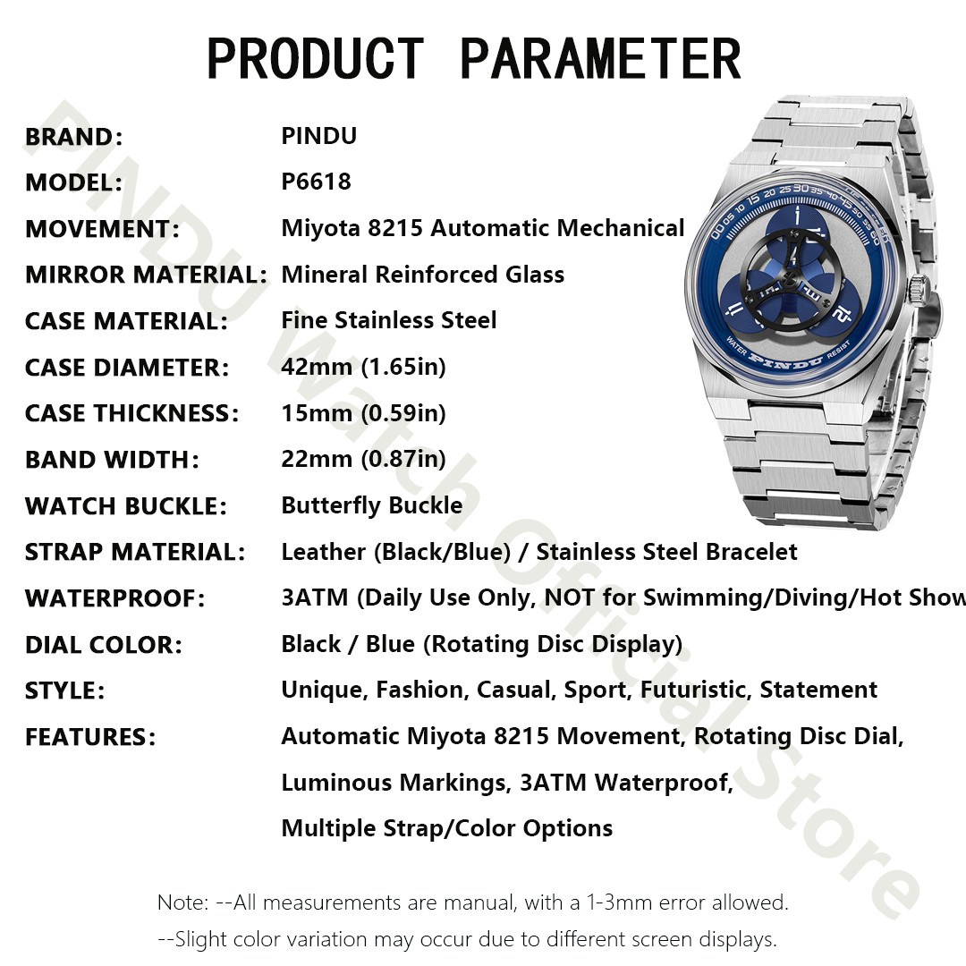 PINDU Men’s Automatic Watch Unique Rotating Disc Dial Miyota 8215 Luminous Leath