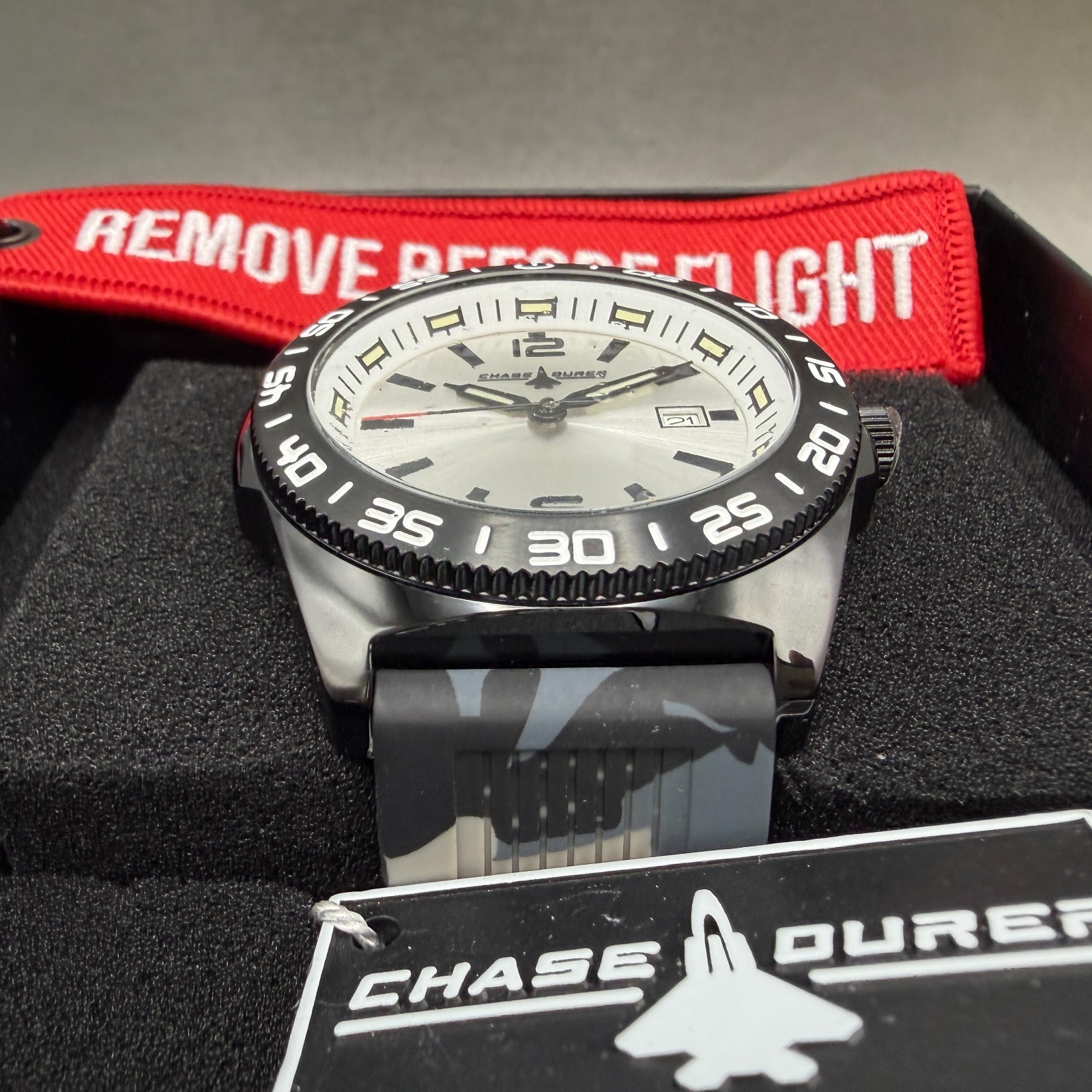 Chase Durer Dive Watch Men 46mm Silver Dial Black Tone Date Camo Band CDW-0177