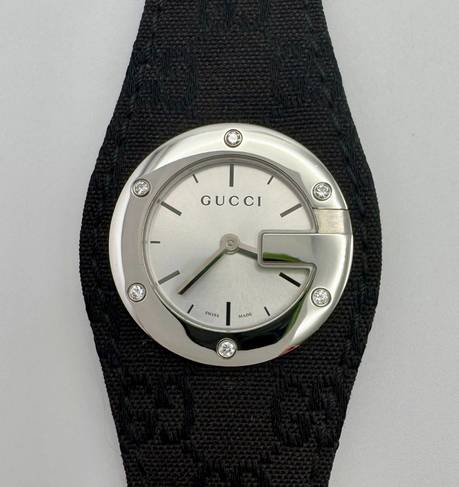 Gucci 104 G Silver Dial Fabric Strap Ladies Luxury WatchYA104519 (Retail $1,495)