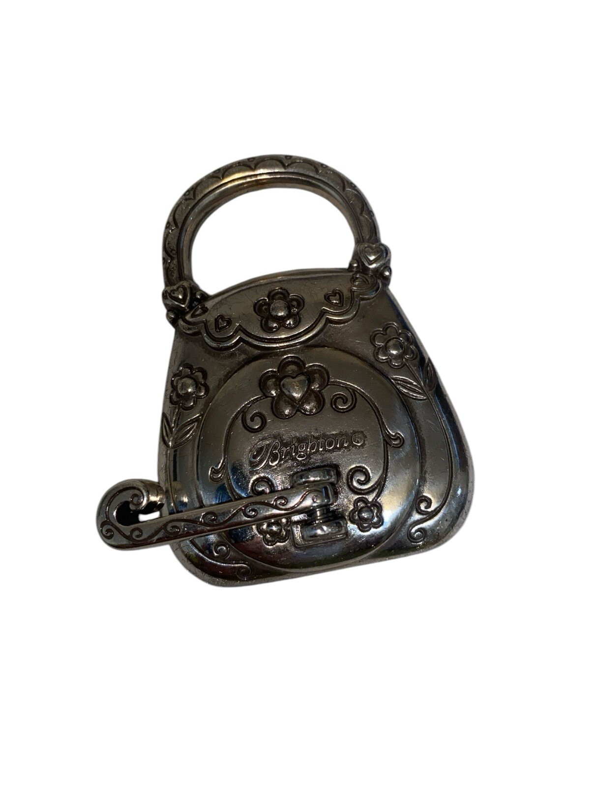 Brighton Silver Purse Watch New Battery Flowers & Jewels Swinging Stand
