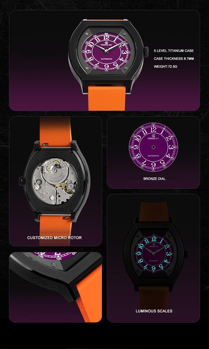 CRONUSART Men Automatic Watch Titanium Tonneau Mechanical Wristwatch Micro Rotor