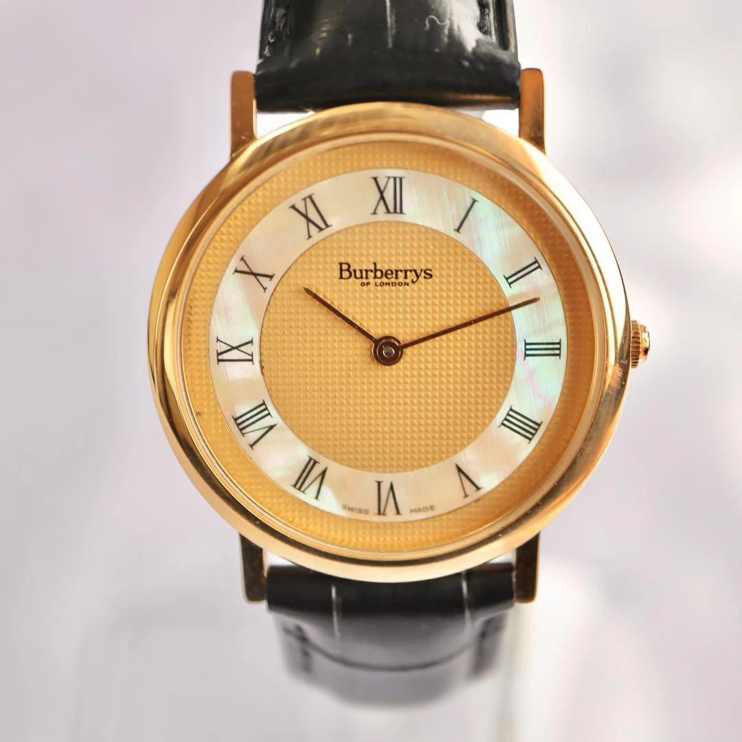 BURBERRY Quartz 34mm Gold Shell Roman Dial Black Strap Mens Watch