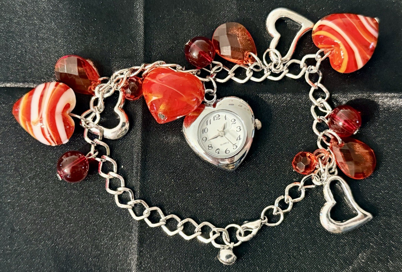 Heart Charm Bracelet Watch Silver Tone Red Crystal Beads Quartz New Battery
