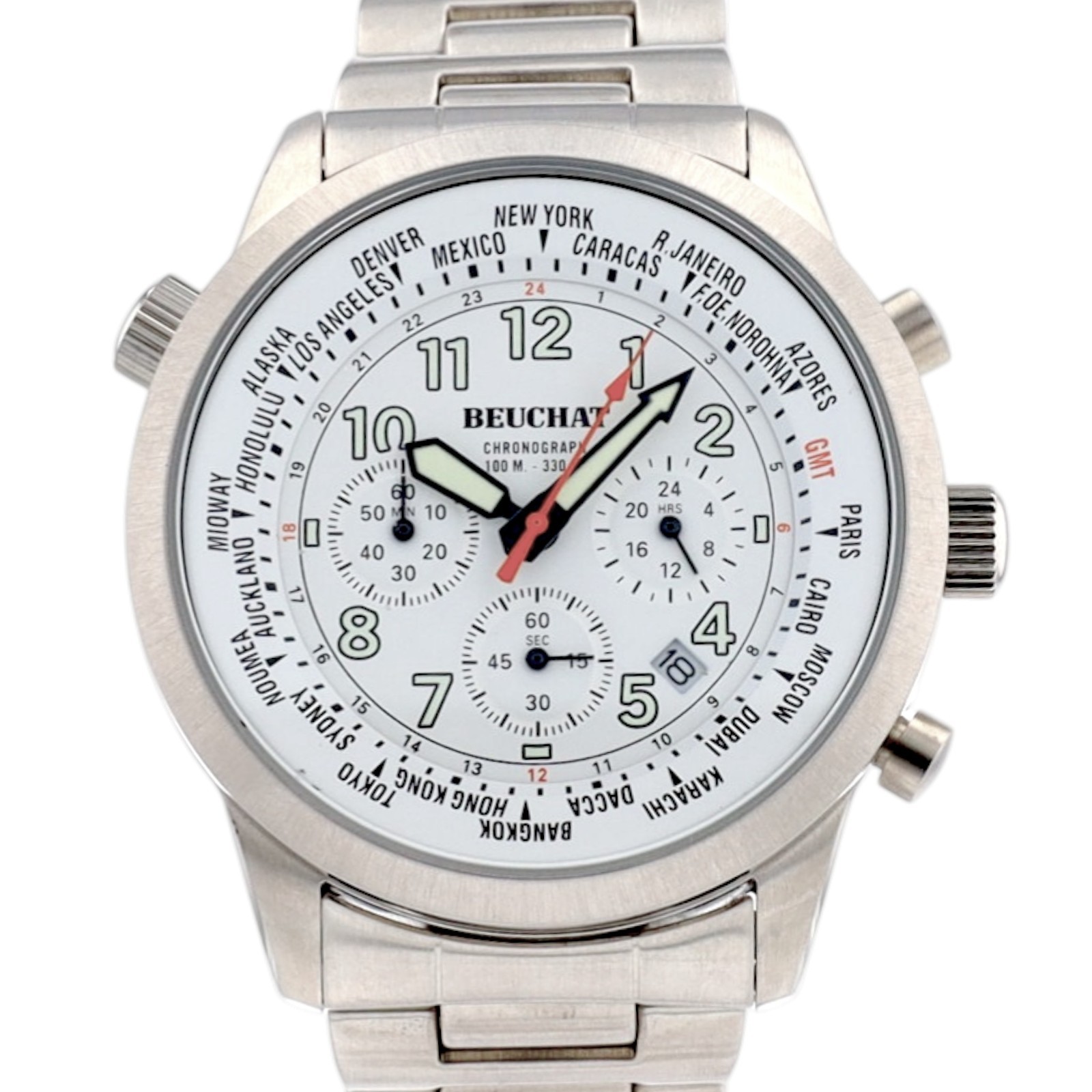 Beuchat World Time Chronograph Mens Watch Swiss Steel GMT White Dial Quartz