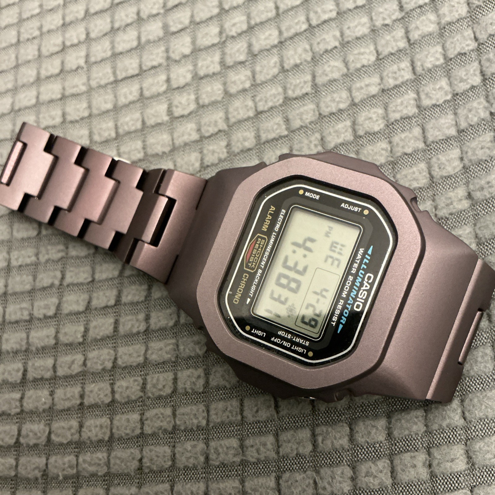This is a modified DW5600E-1V watch with purple PVD Metal Bracelet 200M Box