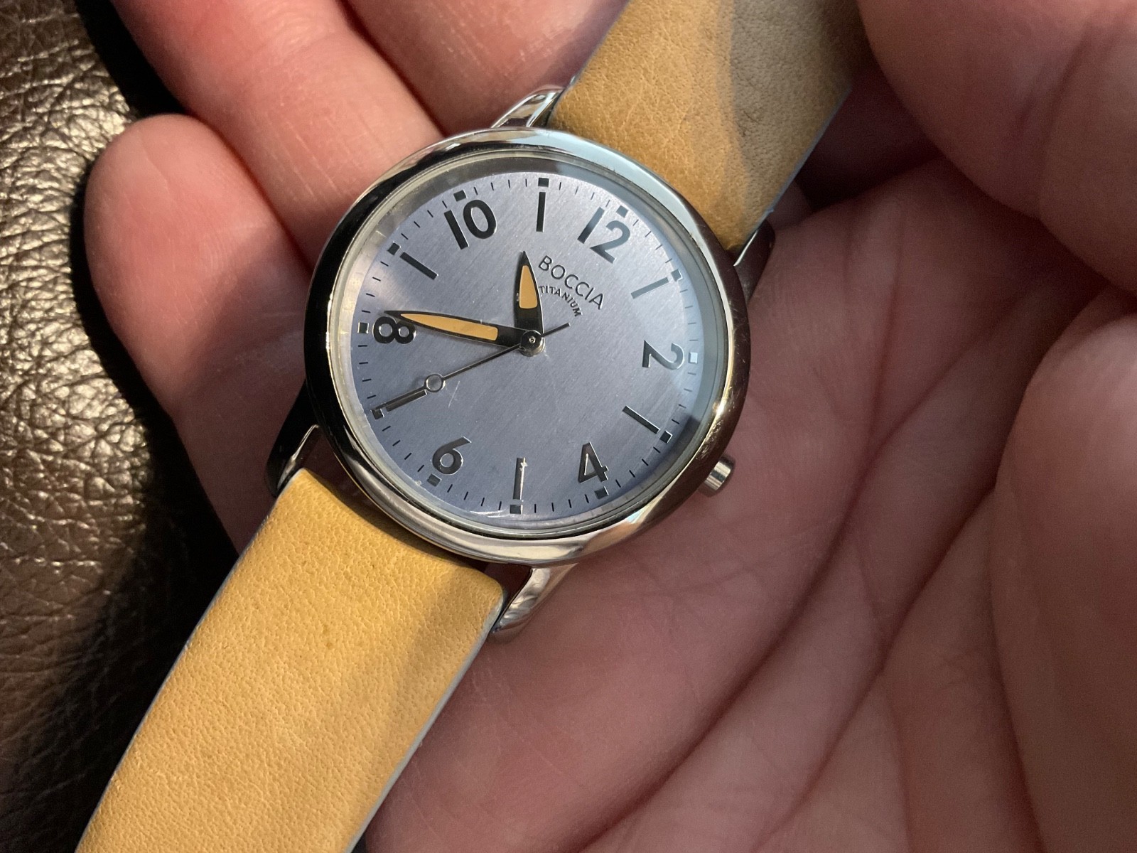 Boccia Titanium case womens watch new batt clean leather beige silver tone 8 in.