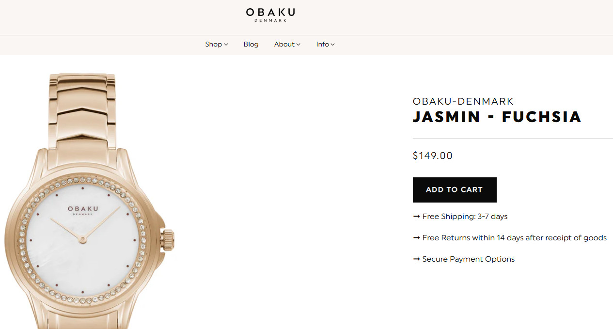 Obaku-Denmark Jasmin-Fuchsia Steel Rose Gold w/ Mother of Pearl Dial 35mm New!
