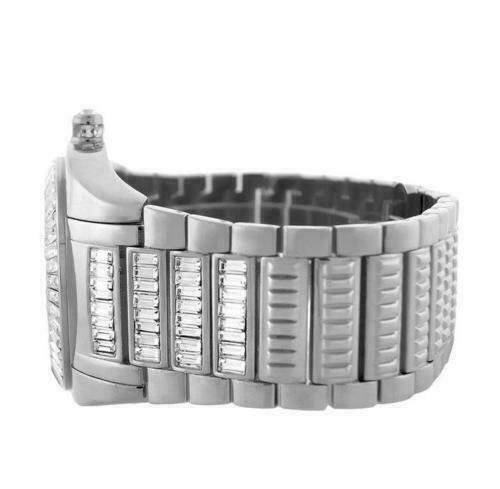 FULL ICY CELEBRITY WEAR WHITE GOLD TONE SIMU DIAMOND BAGUETTE SWISS CUSTOM WATCH
