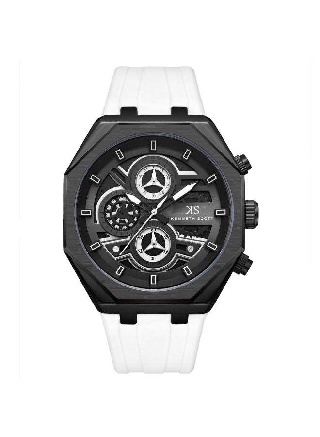 Kenneth Scott Men’s Chronograph Watch | Black Dial, White Band, 43mm