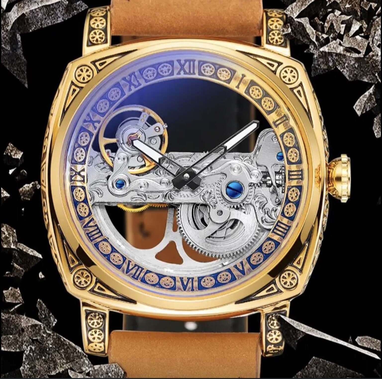 Forsining Men’s Automatic Square Retro Carved Skeleton Luxury Waterproof Watch