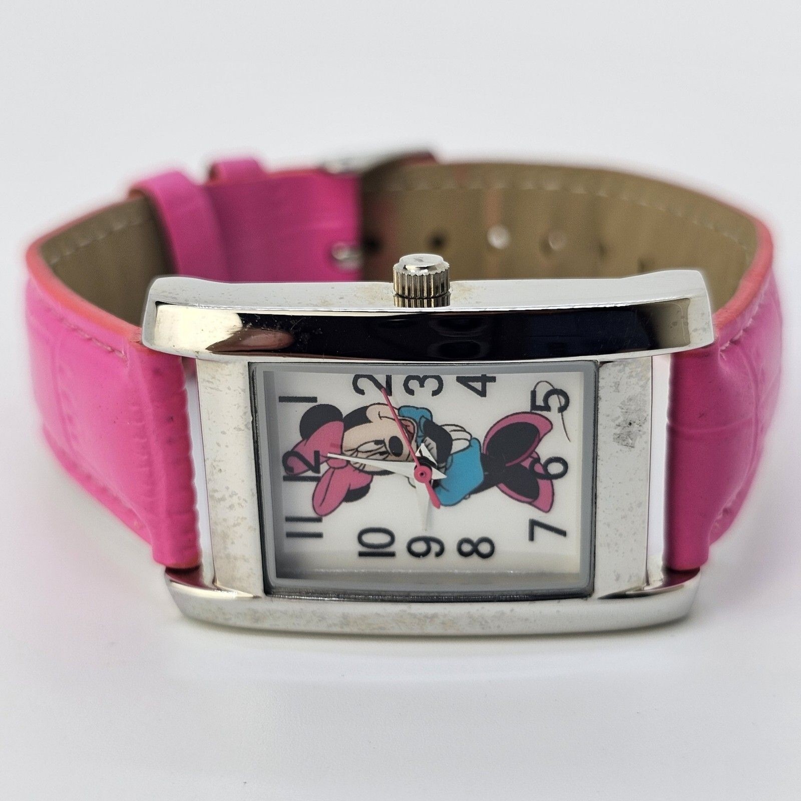 Minnie Mouse Women’s Watch 26MM White Dial Pink Leather Band Straps New Battery